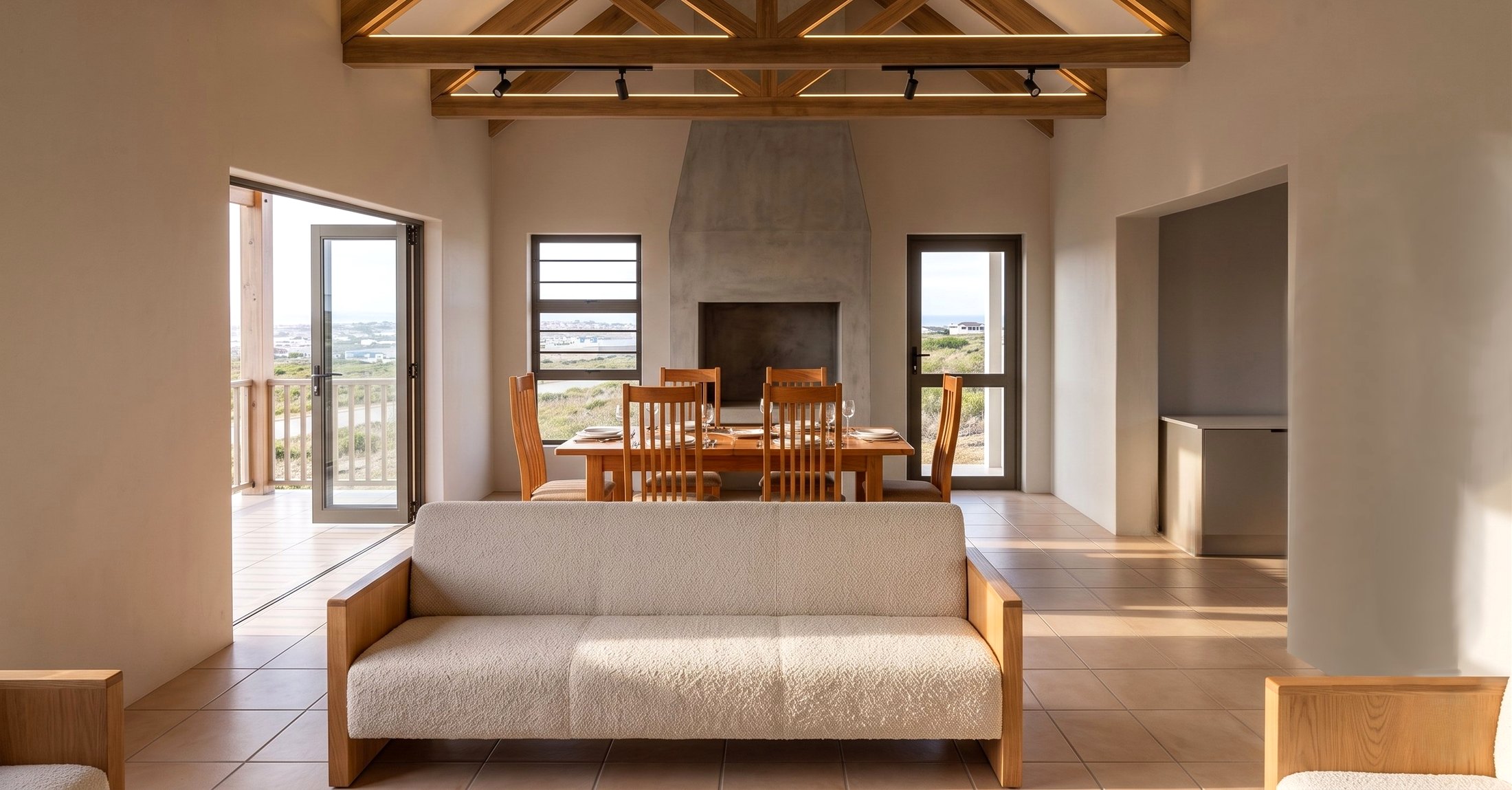 Vaulted flagship layout with central fireplace and bay views